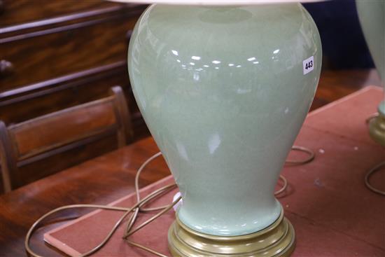 Two modern Chinese celadon vase table lamps with silk shades